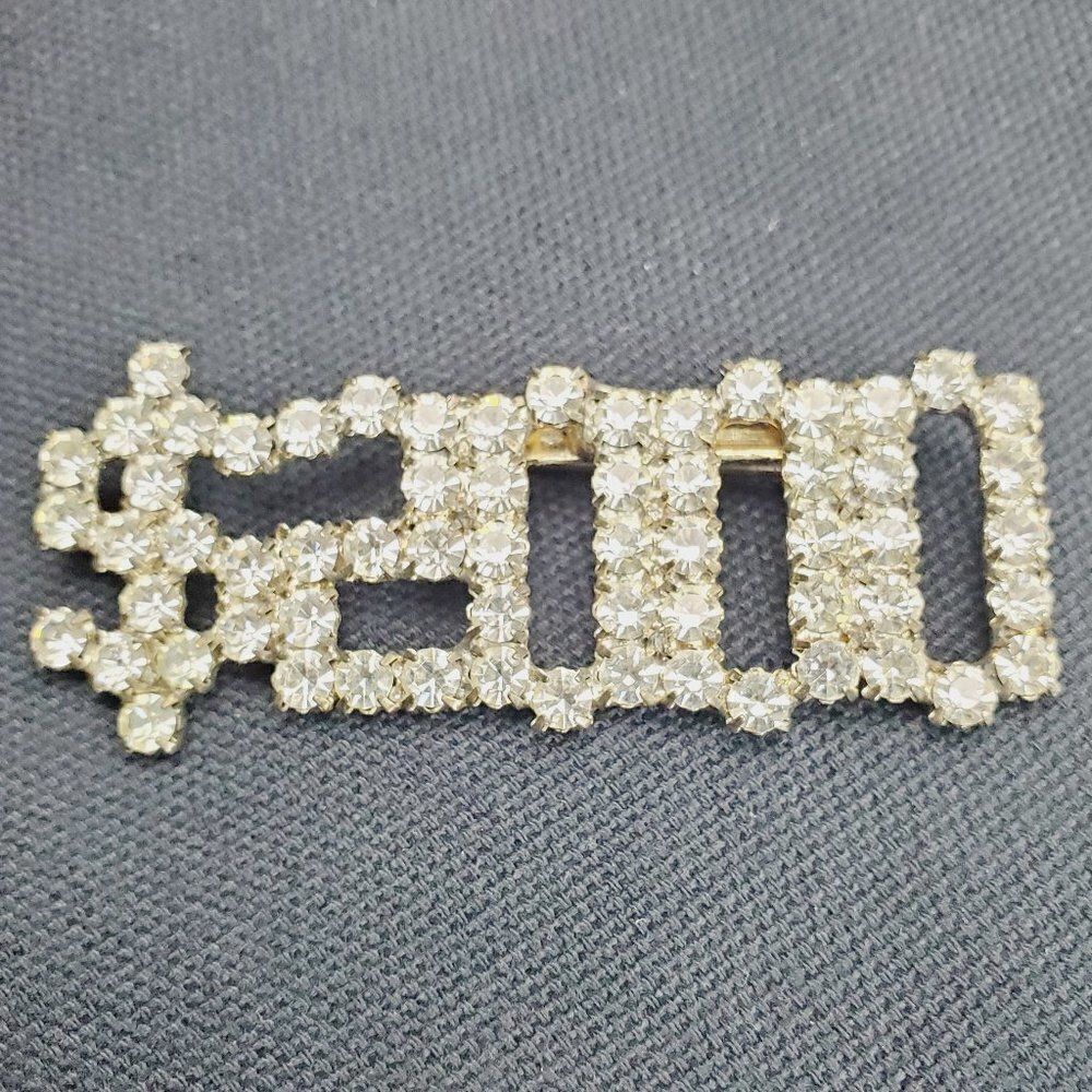 Vtg $ Dollar Sign Year 2000 Y2K Clear Sparkly Crystal Rhinestone Brooch Pin Long - Picture 8 of 8